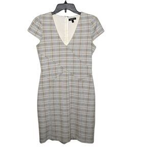 Express Plaid Sheath Dress Women’s Small Off White Grey Mustard Lined Casual
